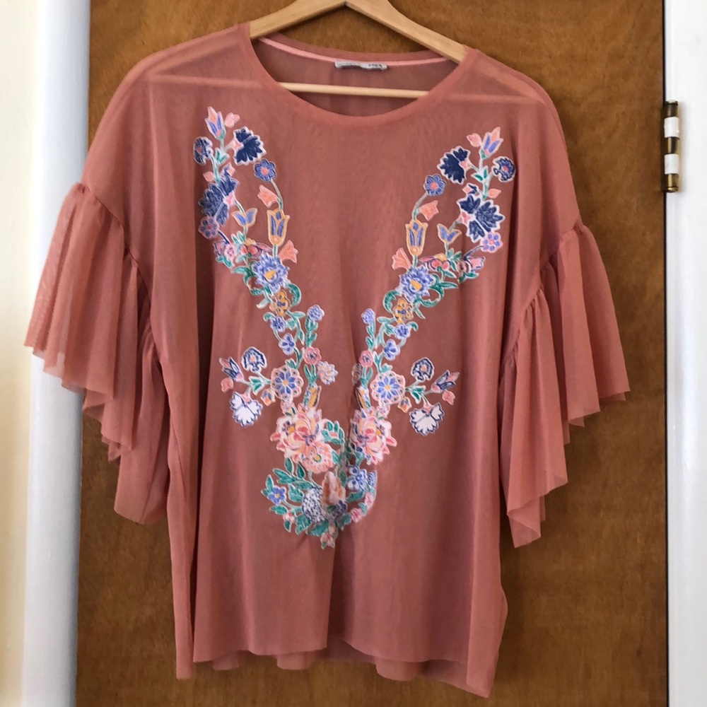 🌱Zara embroidered sheer floral shirt